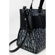 Armani Exchange patterned tote bag in black and gray with bold logo print and structured leather straps