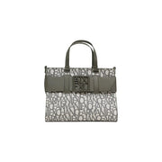 Armani Exchange patterned tote bag in black and gray with olive green handles