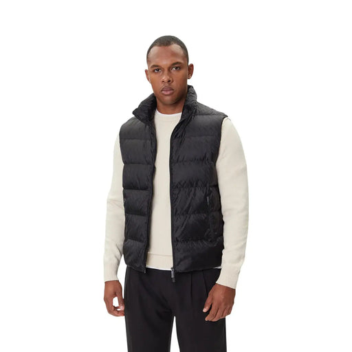 Armani Exchange puffer jacket for men in black quilted design with stand-up collar and front zipper, front view