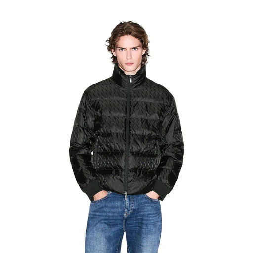 Armani Exchange puffer jacket for men in black with quilted texture and subtle repeating pattern, front view