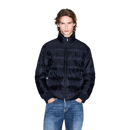 Armani Exchange puffer jacket for men in black with quilted geometric pattern and ribbed cuffs, front view