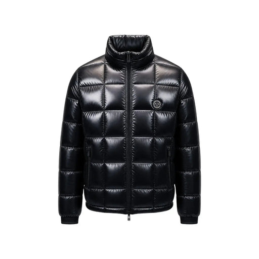 Armani Exchange puffer jacket for men in black with quilted glossy finish and circular chest logo, front view