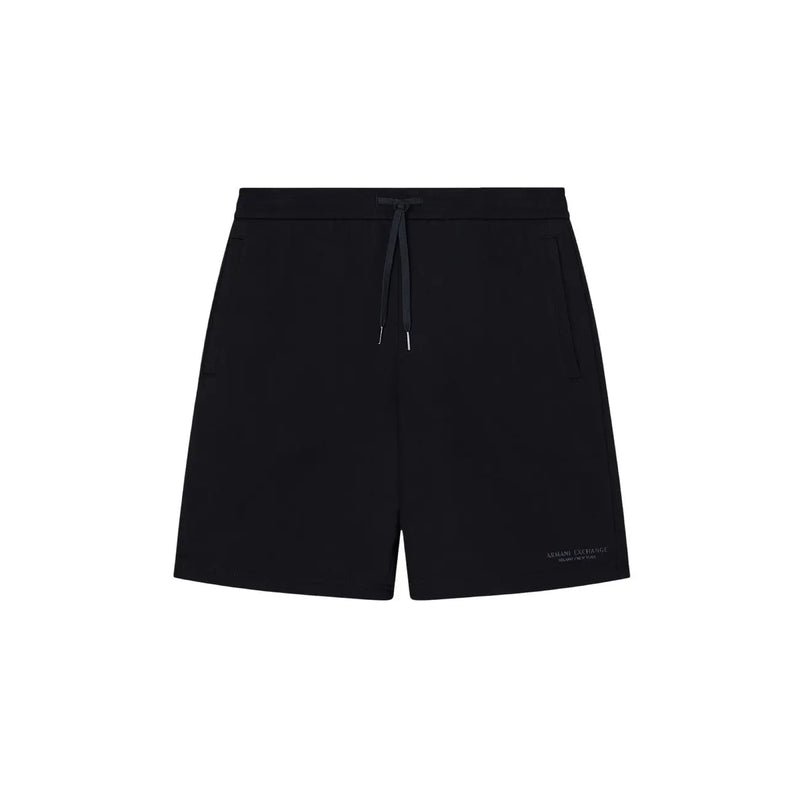 Armani Exchange shorts for men in black with drawstring waistband and subtle logo on lower right leg, front view