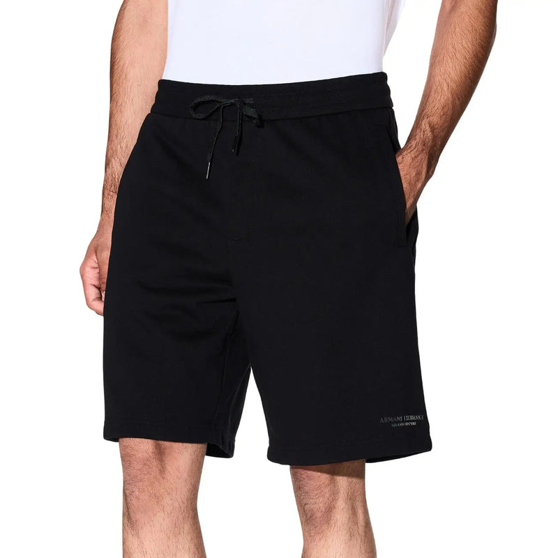 Armani Exchange shorts for men in black with drawstring and subtle logo on lower leg front view