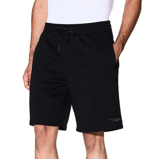 Armani Exchange shorts for men in black with drawstring and subtle logo on lower leg front view