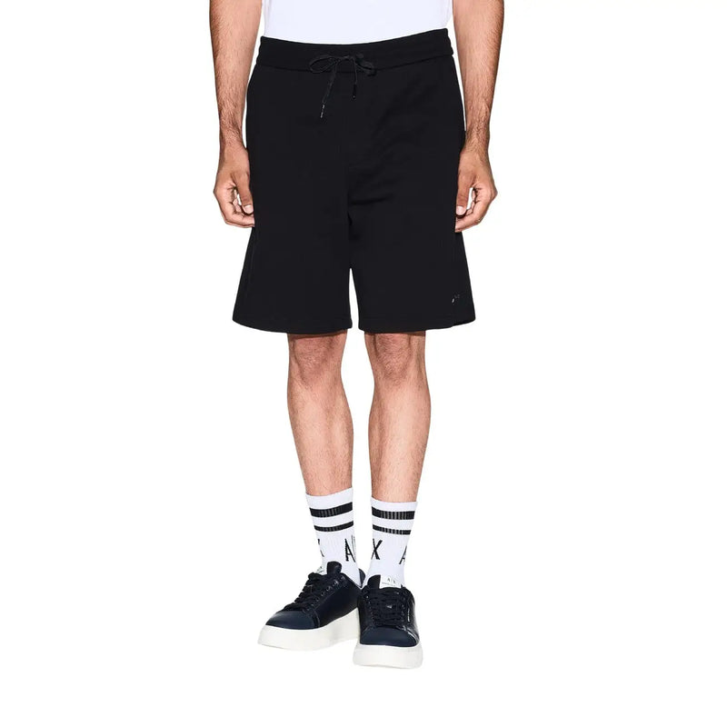 Armani Exchange shorts for men in black with drawstring waistband and subtle logo on lower right leg, front view