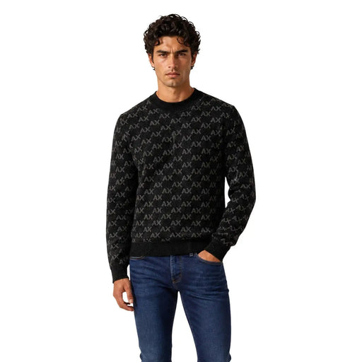 Armani Exchange sweater for men in black knit with silver ax monogram pattern, front view