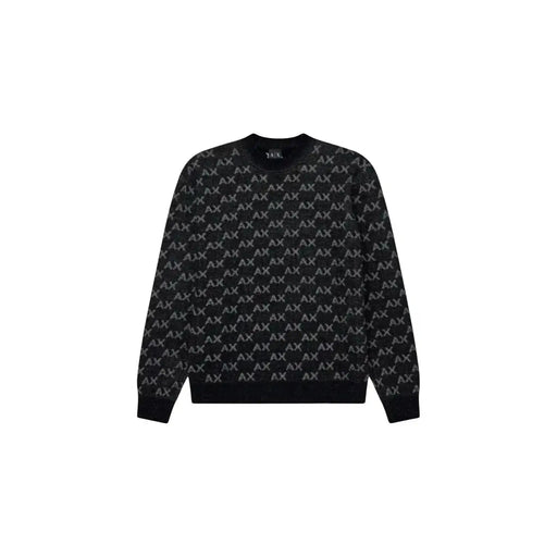 Armani Exchange sweater for men in black with repeating silver ax logo pattern, front view