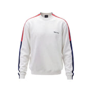 Armani Exchange Herrenpullover in Weiß mit rot-marineblau gestreiften Ärmeln, Vorderansicht