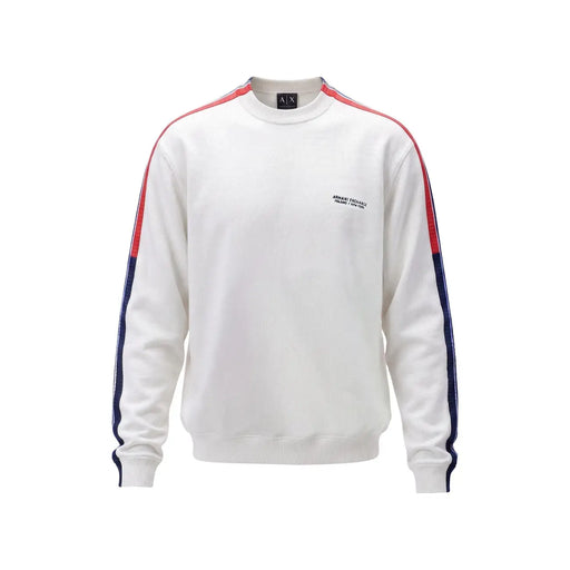 Armani Exchange Herrenpullover in Weiß mit rot-marineblau gestreiften Ärmeln, Vorderansicht