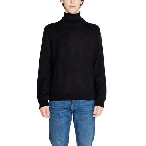 Armani Exchange turtleneck sweater for men in black ribbed knit, front view