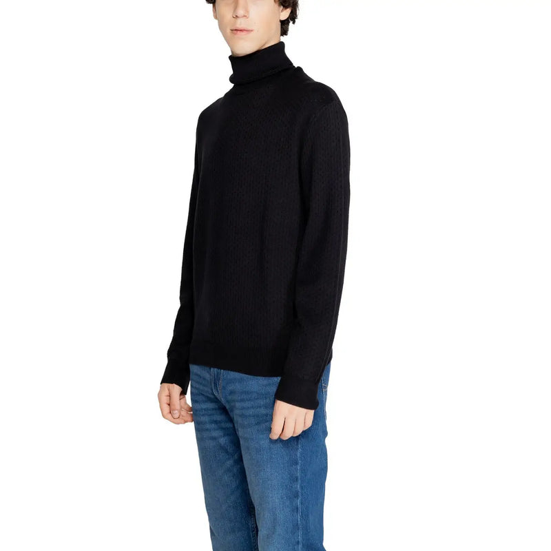 Armani Exchange turtleneck sweater for men in black ribbed knit with long sleeves, front view