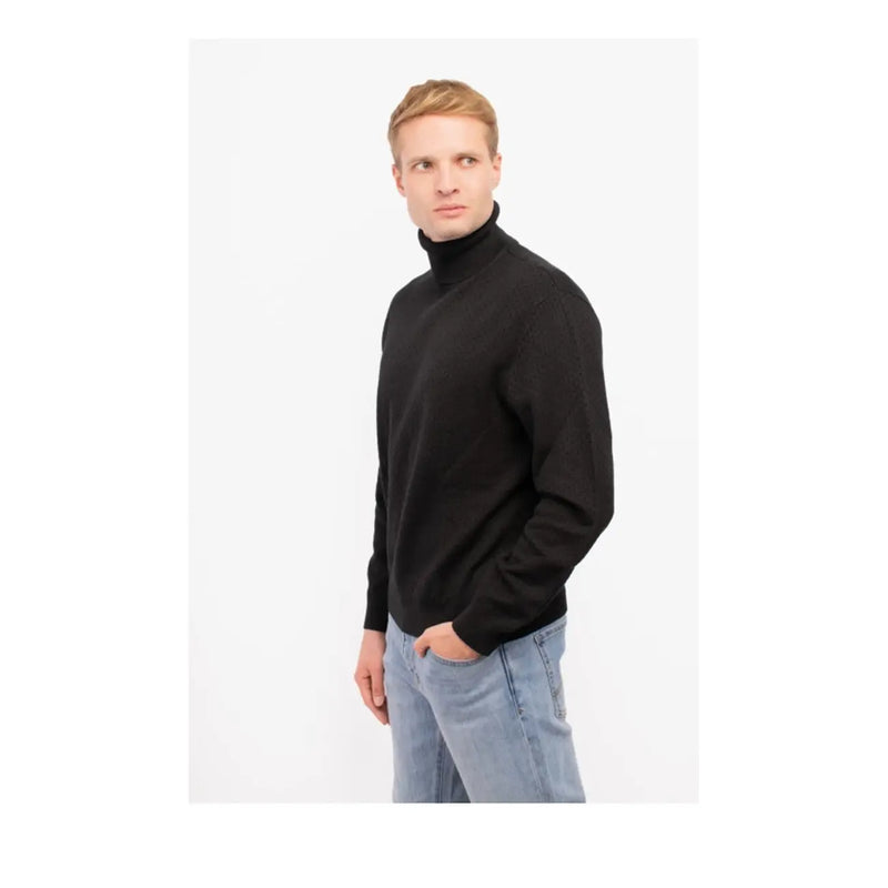 Armani Exchange turtleneck sweater for men in black with smooth fitted silhouette, front view