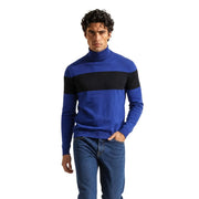 Armani Exchange viscose sweater for men in blue and black stripes with bold horizontal chest band, front view