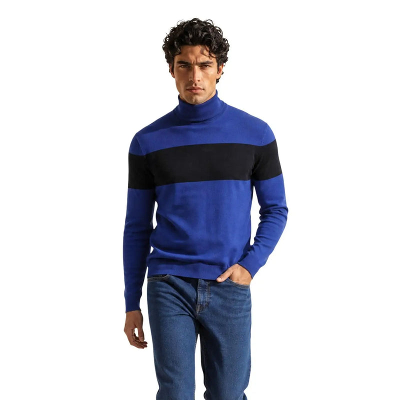 Armani Exchange viscose sweater for men in blue and black stripes with bold horizontal chest band, front view