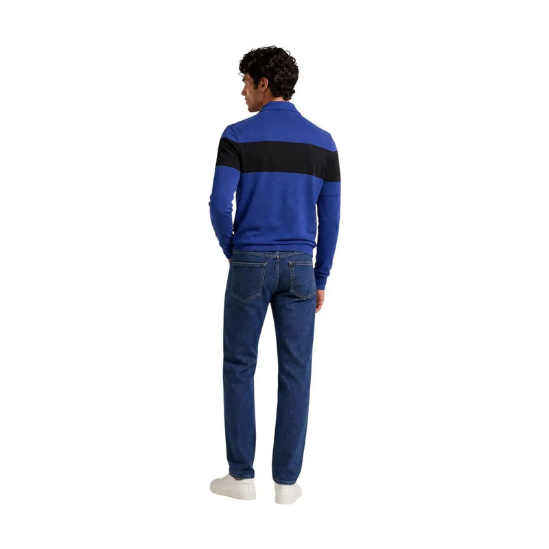 Armani Exchange viscose sweater for men in blue and black stripes with long sleeves, front view