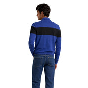 Armani Exchange viscose sweater for men in blue and black striped with ribbed collar, front view