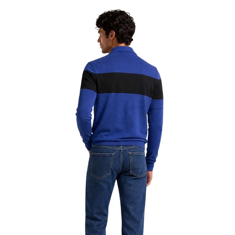 Armani Exchange viscose sweater for men in blue and black striped with ribbed collar, front view