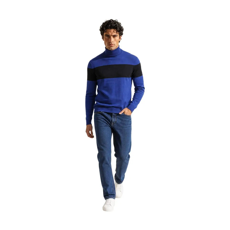Armani Exchange viscose sweater for men in royal blue with black horizontal chest stripe, front view