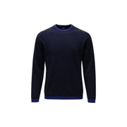 Armani Exchange viscose sweater for men in navy blue with royal blue ribbed trim at neckline cuffs and hem, front view