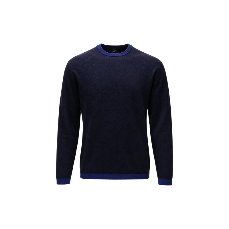 Armani Exchange viscose sweater for men in navy blue with royal blue ribbed trim at neckline cuffs and hem, front view