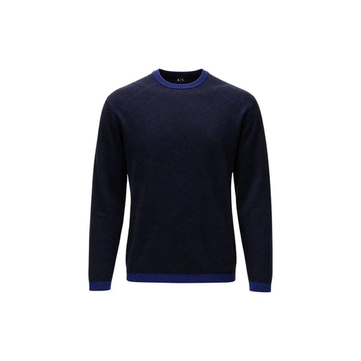 Armani Exchange viscose sweater for men in navy blue with royal blue ribbed trim at neckline cuffs and hem, front view