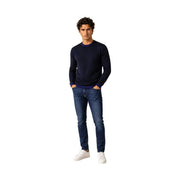 Armani Exchange viscose sweater for men in navy blue with purple ribbed trim at neckline and cuffs, front view