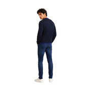 Armani Exchange viscose sweater for men in navy blue with purple inner collar, front view