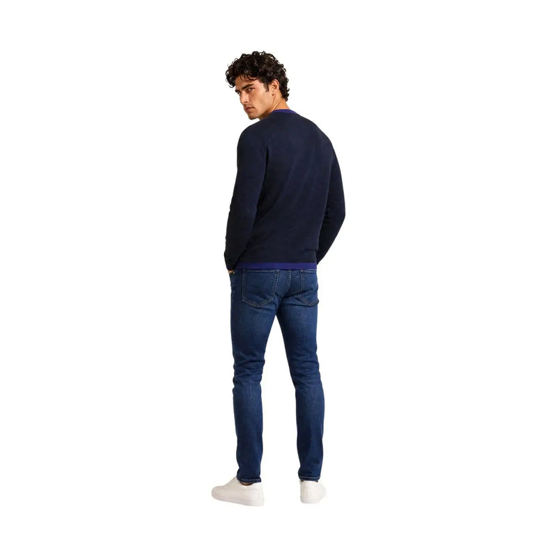 Armani Exchange viscose sweater for men in navy blue with purple inner collar, front view