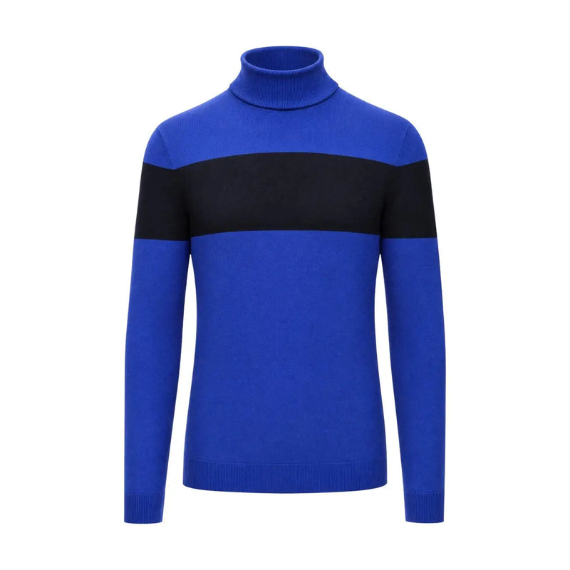 Armani Exchange viscose sweater for women in royal blue with black stripe across chest, front view