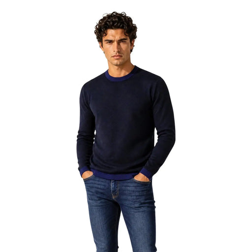 Armani Exchange viscose sweater for men in navy blue with royal blue ribbed cuffs and hem, front view