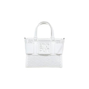 Armani Exchange white perforated leather handbag with structured top handles and prominent central logo plaque