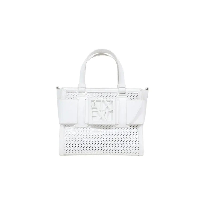 Armani Exchange white perforated leather handbag with structured top handles and prominent central logo plaque
