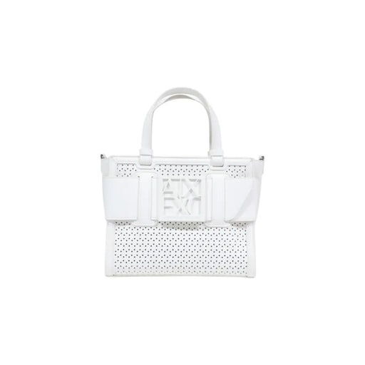 Armani Exchange white perforated leather handbag with structured top handles and prominent central logo plaque