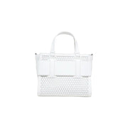 Armani Exchange white handbag in perforated leather tote style with structured front panel and top handles