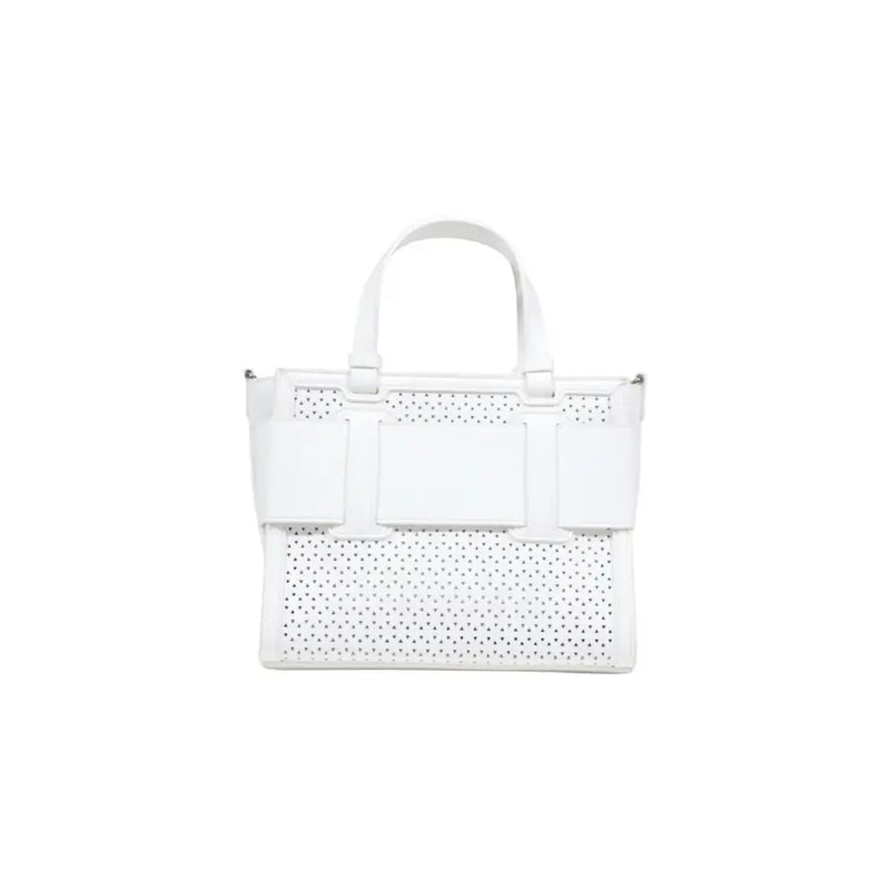 Armani Exchange white handbag in perforated leather tote style with structured front panel and top handles