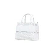 Armani Exchange white handbag with shoulder strap made of perforated leather and bold bow accents