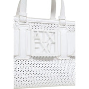 Armani Exchange white perforated leather tote bag with embossed logo and shoulder strap for versatile use