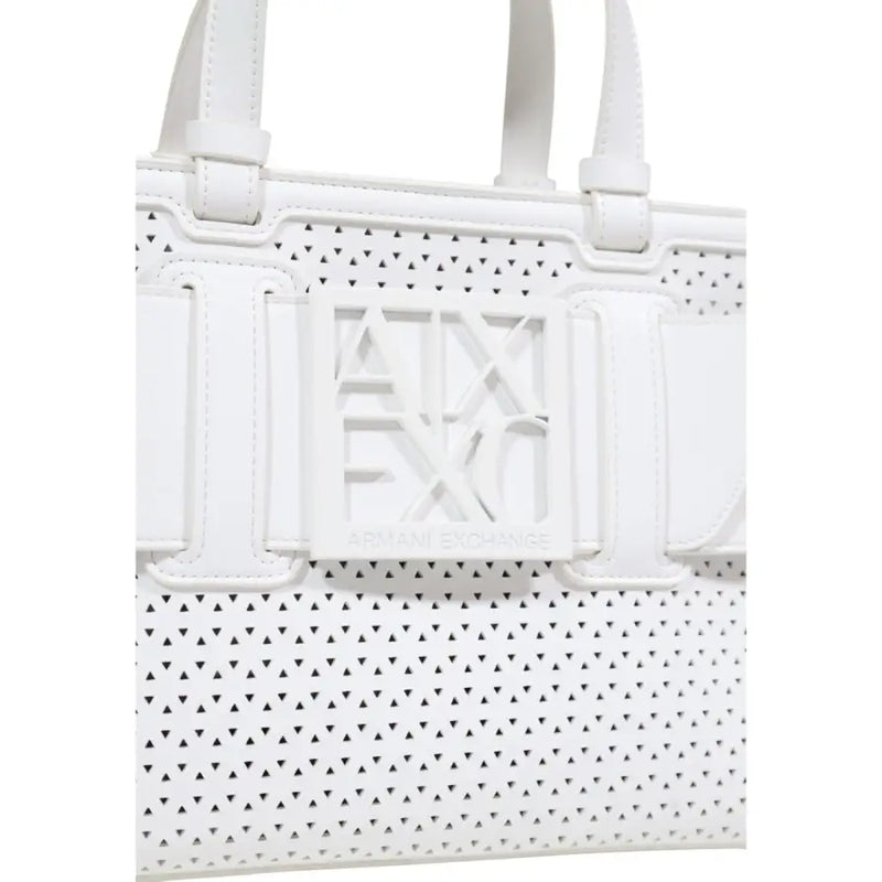 Armani Exchange white perforated leather tote bag with embossed logo and shoulder strap for versatile use