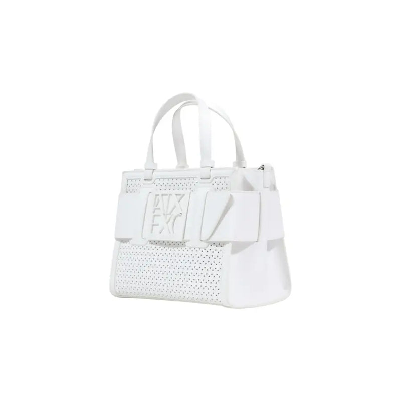 Armani Exchange white perforated leather handbag with bold front logo and structured shoulder strap handles