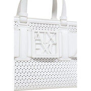Armani Exchange white perforated leather tote bag with embossed logo and shoulder strap for versatile use