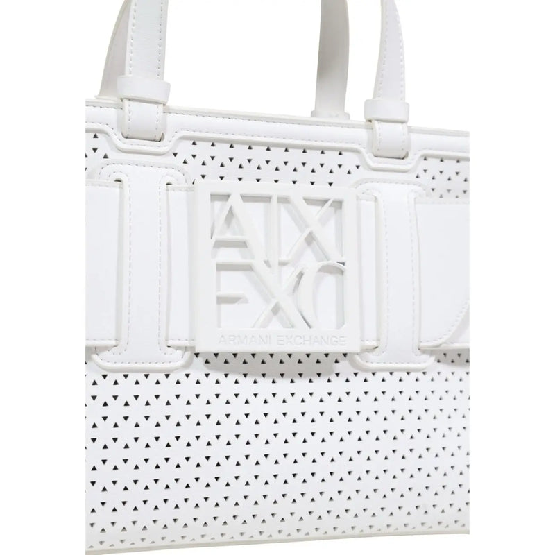 Armani Exchange white perforated leather tote bag with embossed logo and shoulder strap for versatile use