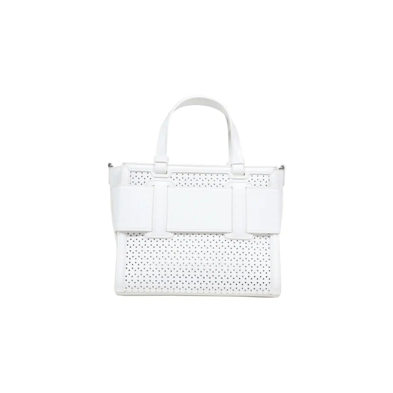 Armani Exchange white handbag in perforated leather tote style with structured front panel and top handles