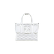 Armani Exchange white perforated leather handbag with structured top handles and prominent central logo plaque