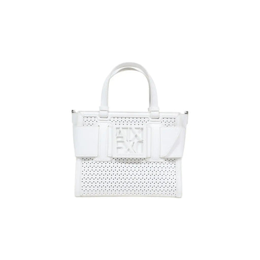 Armani Exchange white perforated leather handbag with structured top handles and prominent central logo plaque