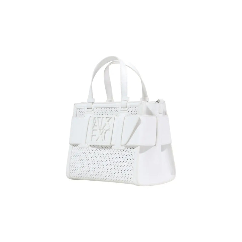 Armani Exchange white perforated leather handbag with bold front logo and structured shoulder strap handles