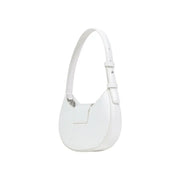 A sleek white leather armani exchange hobo bag with zip closure and adjustable strap in minimalist design