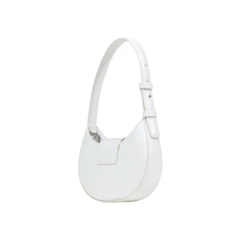 A sleek white leather armani exchange hobo bag with zip closure and adjustable strap in minimalist design