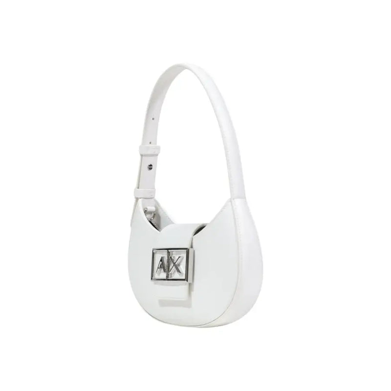 Armani Exchange white leather hobo bag with a zip closure and silver-tone ax logo clasp