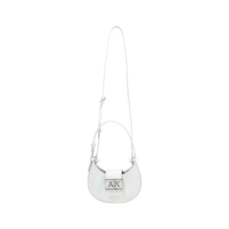 Armani Exchange white leather mini crossbody bag with silver ax logo plaque and adjustable strap with zip closure